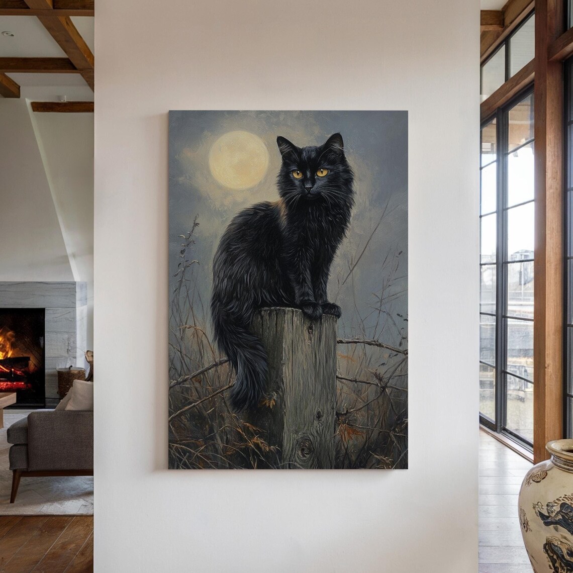 Black Cat With Golden Eyes Under Moonlight Enchanted Art Print - Image 5