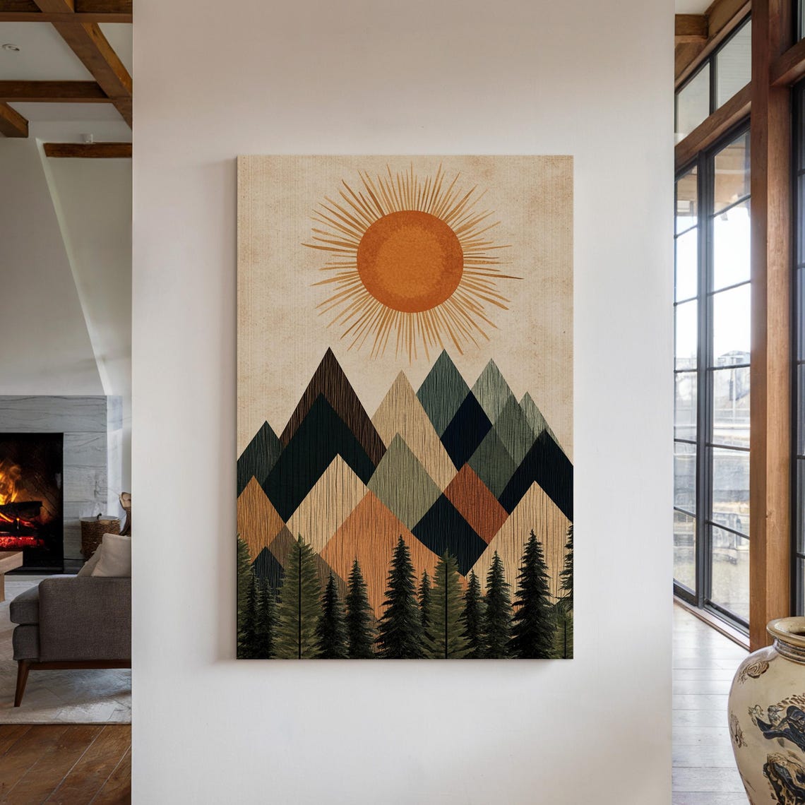 Geometric Mountain Sun Print Abstract Nature Wall Art Rustic Modern Decor Boho Forest Landscape Poster For Home Or Office