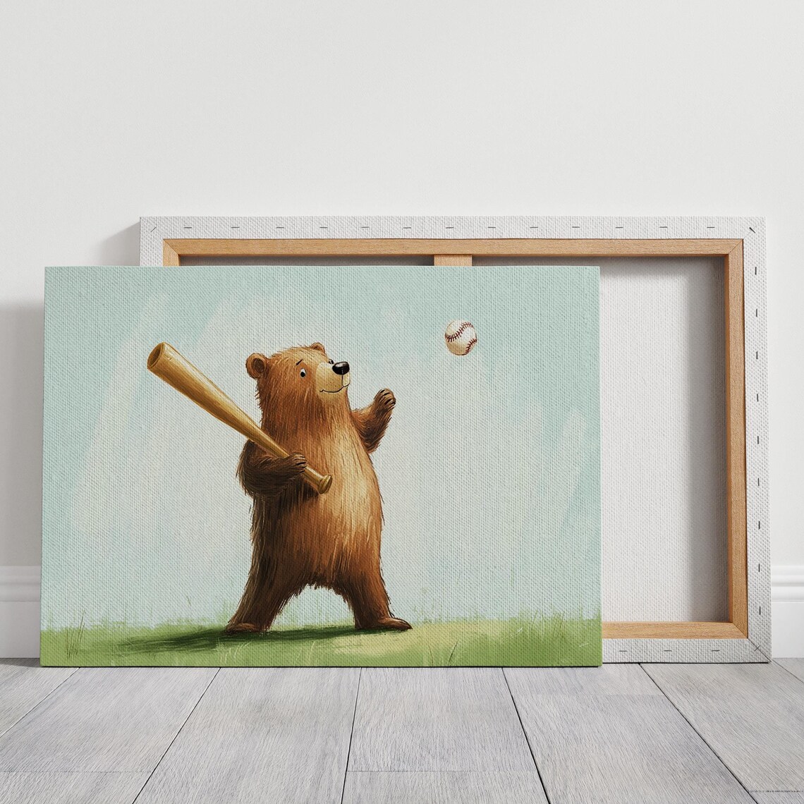 Playful Brown Bear Playing Baseball Whimsical Kids Room Sports Print