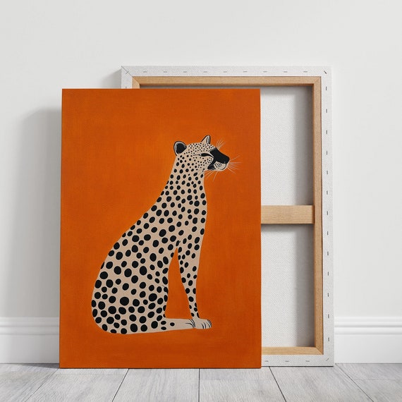 Minimalist Cheetah Art Print On Bold Orange Background Modern Wildlife Wall Art Print