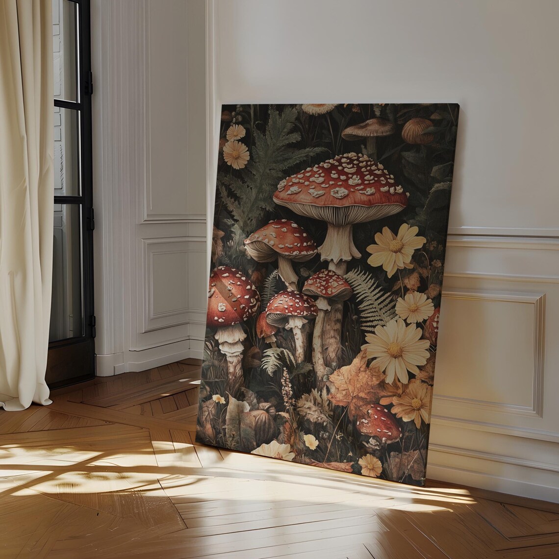 Red Fly Agaric Mushrooms Wildflowers Botanical Vintage Wall Poster