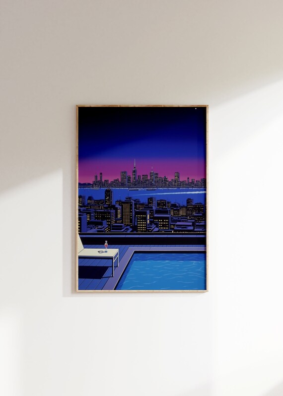 New York City Night Skyline Rooftop Pool City Pop Art Poster