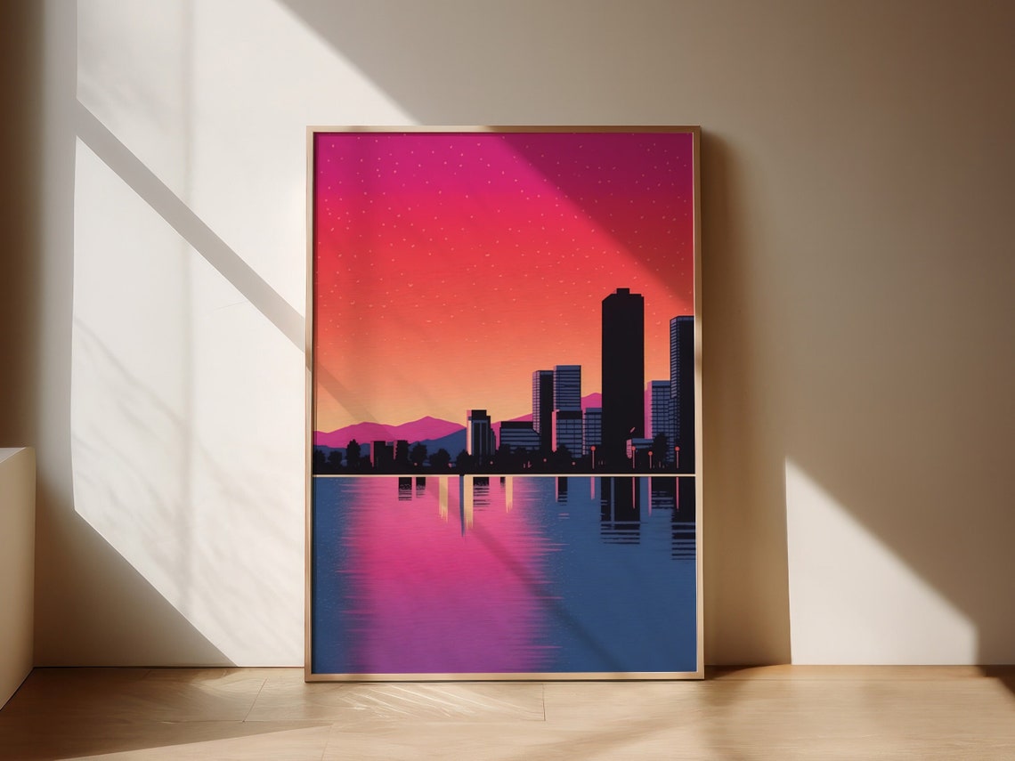 City Pop Sunset Skyline Reflected Over Mirror Calm Water Poster