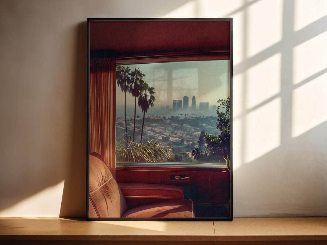Retro Los Angeles Skyline Palm Trees Window View Photo Poster