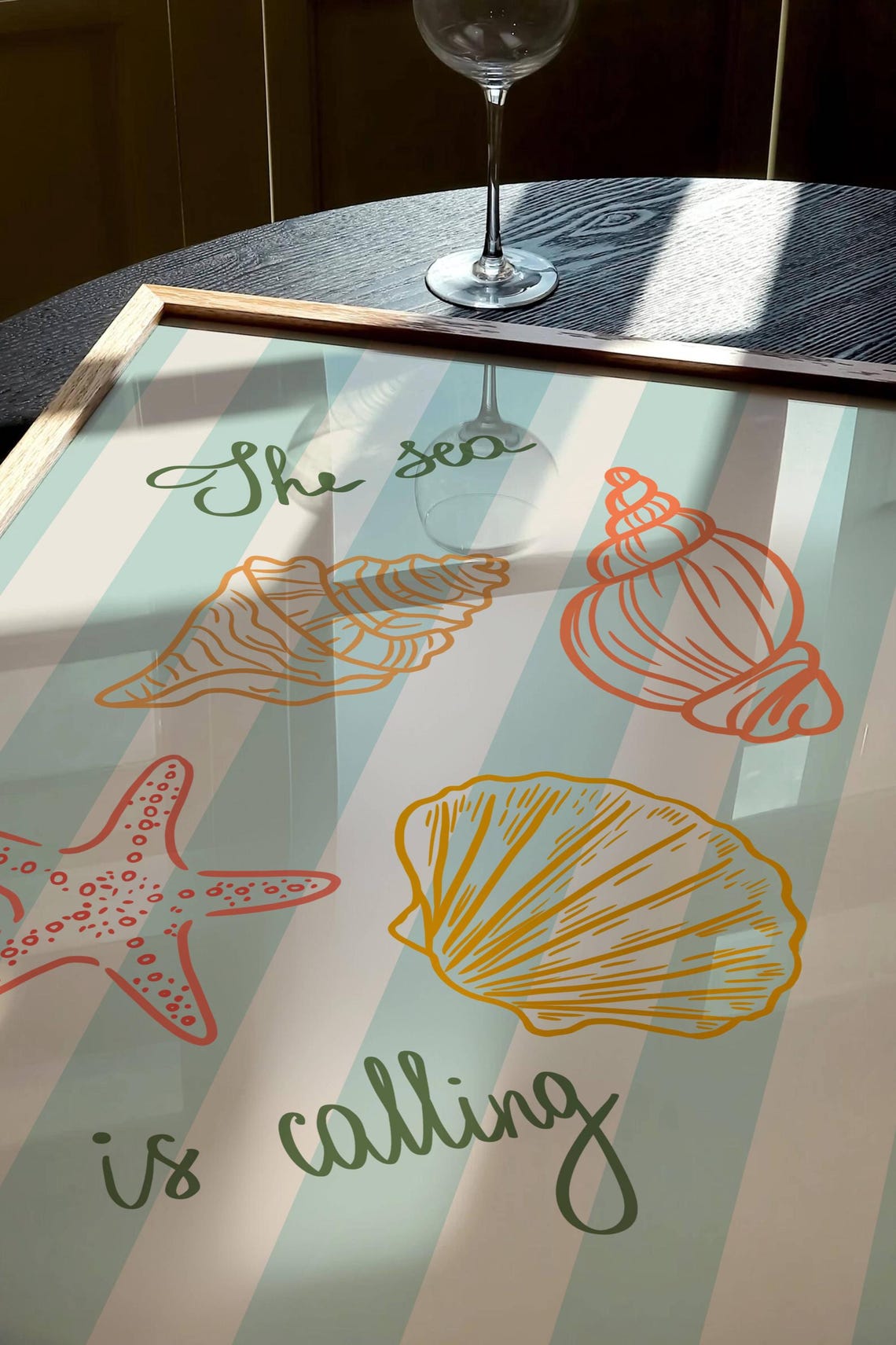 The Sea Is Calling Seashell Starfish Coastal Stripe Decor Poster - Image 3