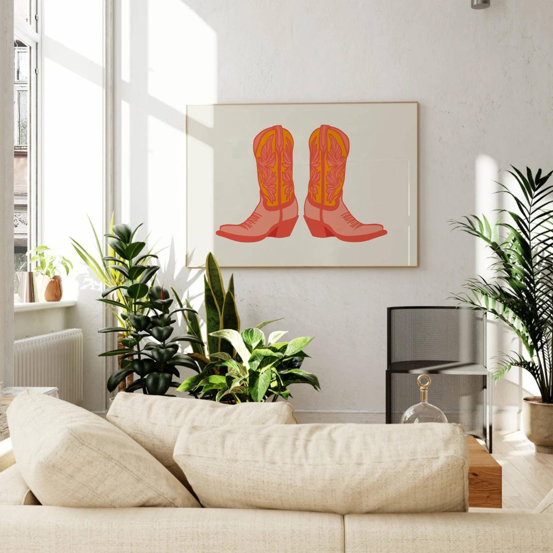 Orange Coral Cowboy Boots Pair Western Horizontal Art Poster - Image 2