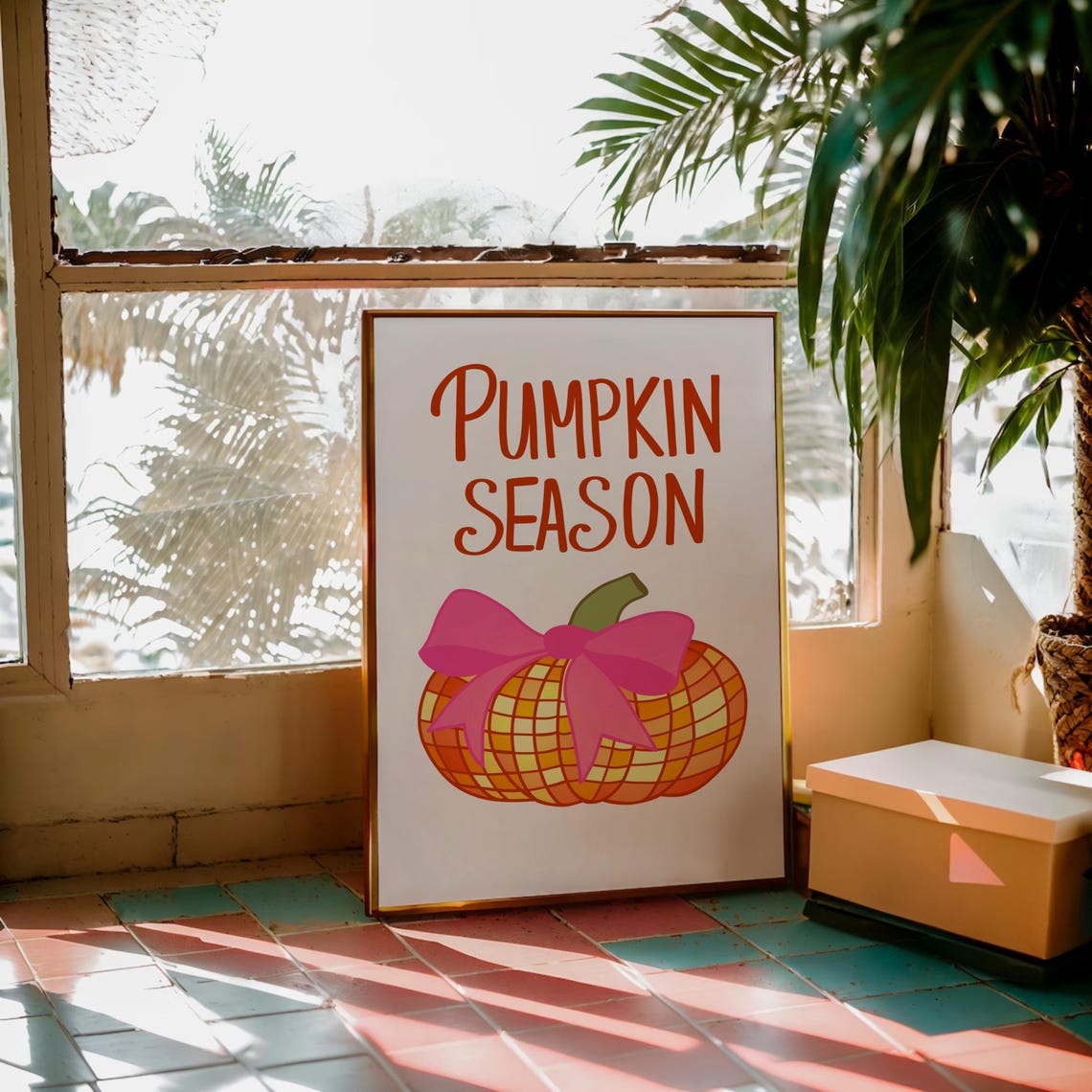 Pumpkin Season Disco Ball Pumpkin with Pink Bow Fall Quote Poster - Image 3