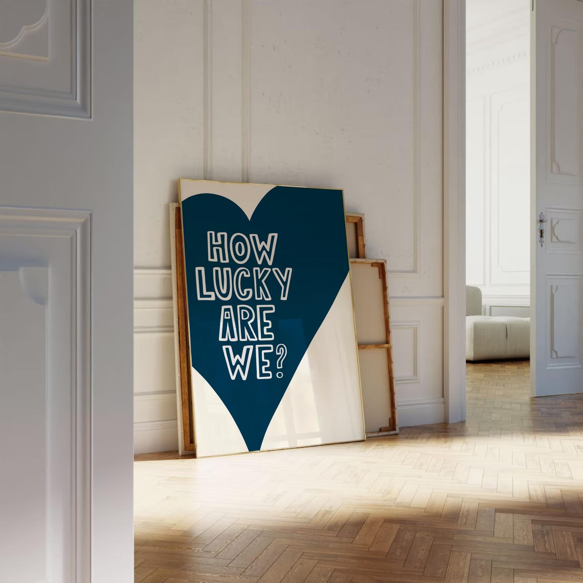 How Lucky Are We White Outline Letters on Navy Heart Quote Poster - Image 3