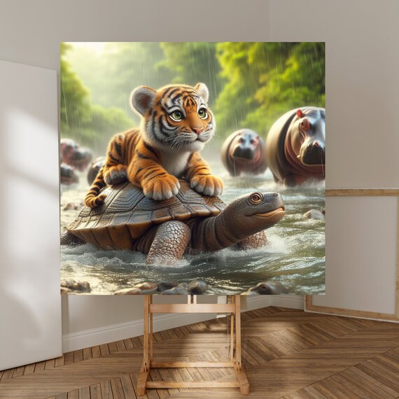 Cute Tiger Cub Riding A Tortoise Across A Rainy Jungle River Poster