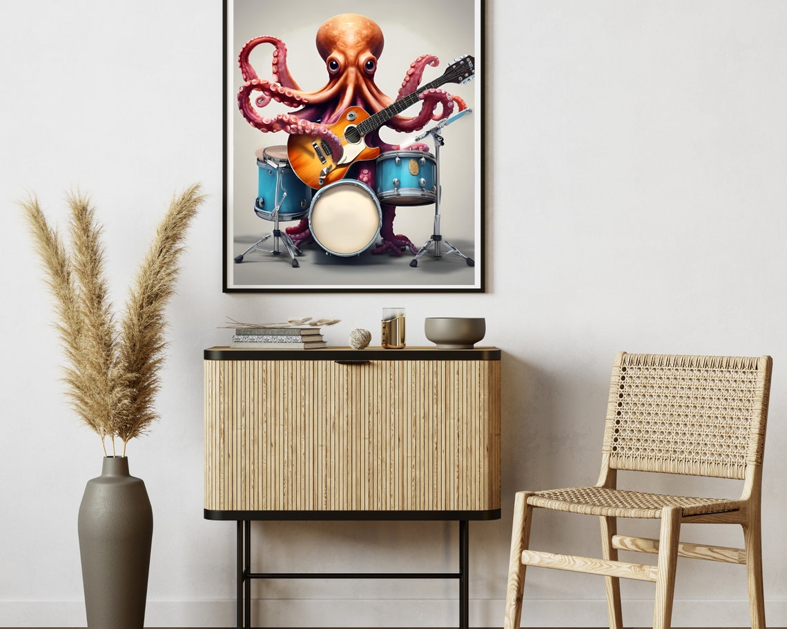 Funny Octopus Playing Electric Guitar and Drums Music Poster - Image 2
