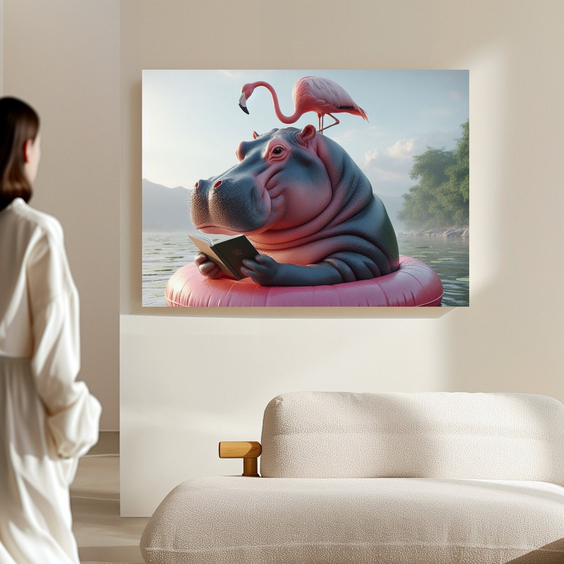 Funny Hippo Reading A Book On A Pink Pool Float With Flamingo Poster - Image 4
