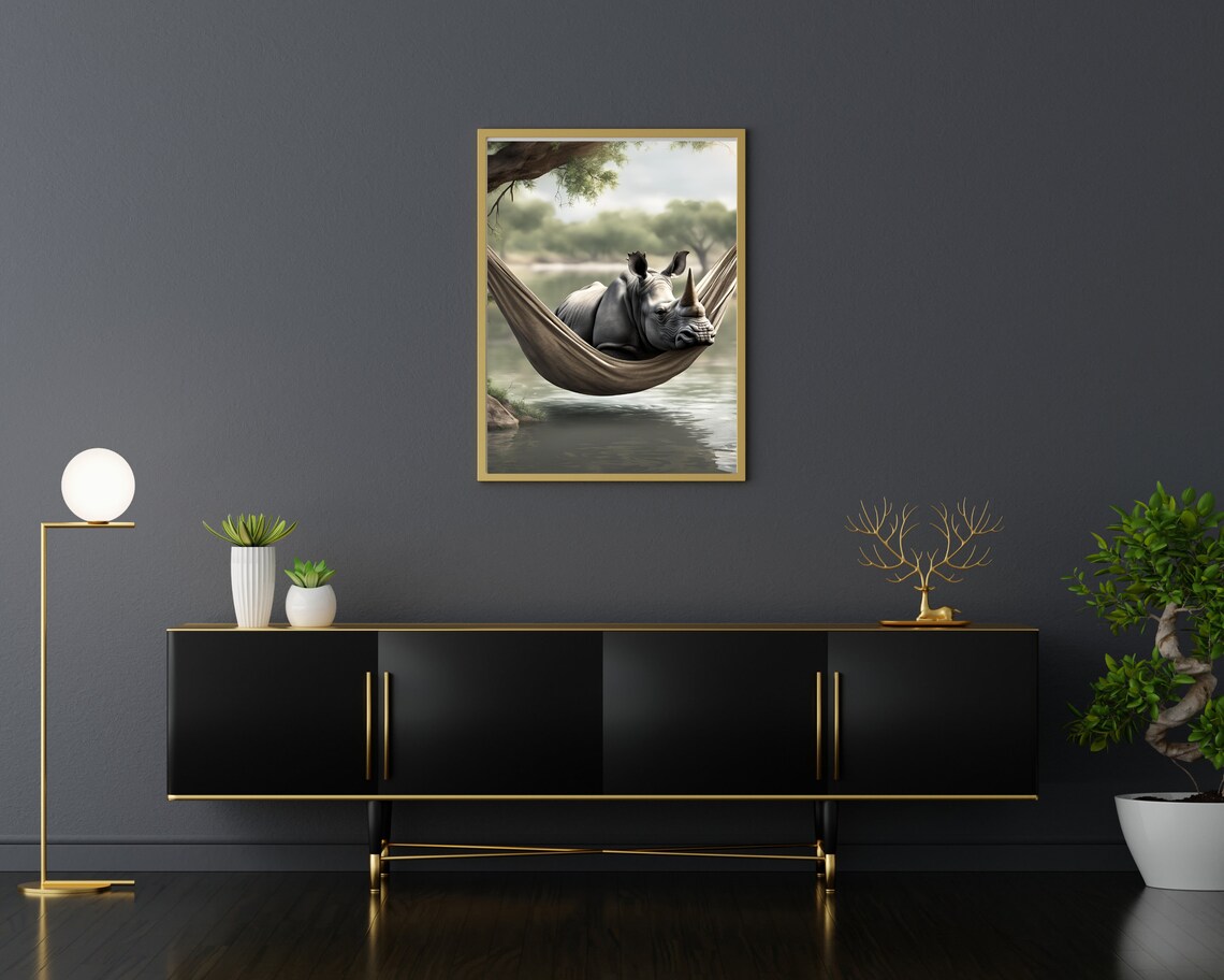 Funny Rhino Relaxing in a Hammock Over Water Quirky Animal Poster - Image 3