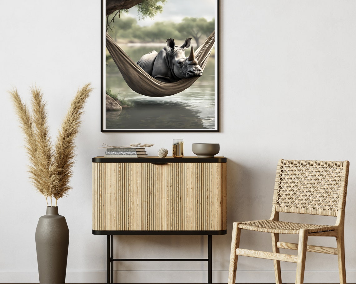Funny Rhino Relaxing in a Hammock Over Water Quirky Animal Poster - Image 2