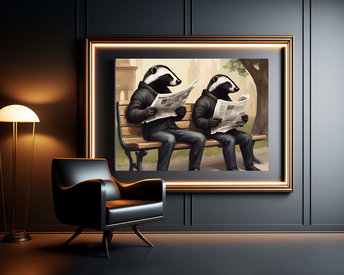 Funny Badgers Reading Newspapers on a Park Bench Quirky Poster