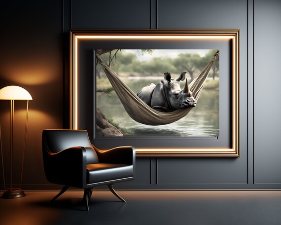 Funny Rhino Relaxing in a Hammock Over Water Quirky Animal Poster