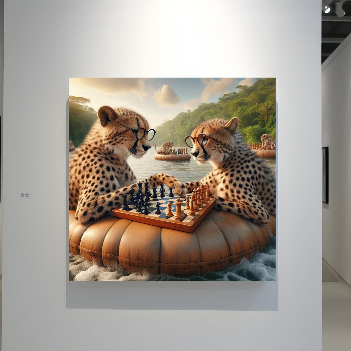 Whimsical Cheetahs Playing Chess on River Rafts Wildlife Poster - Image 3