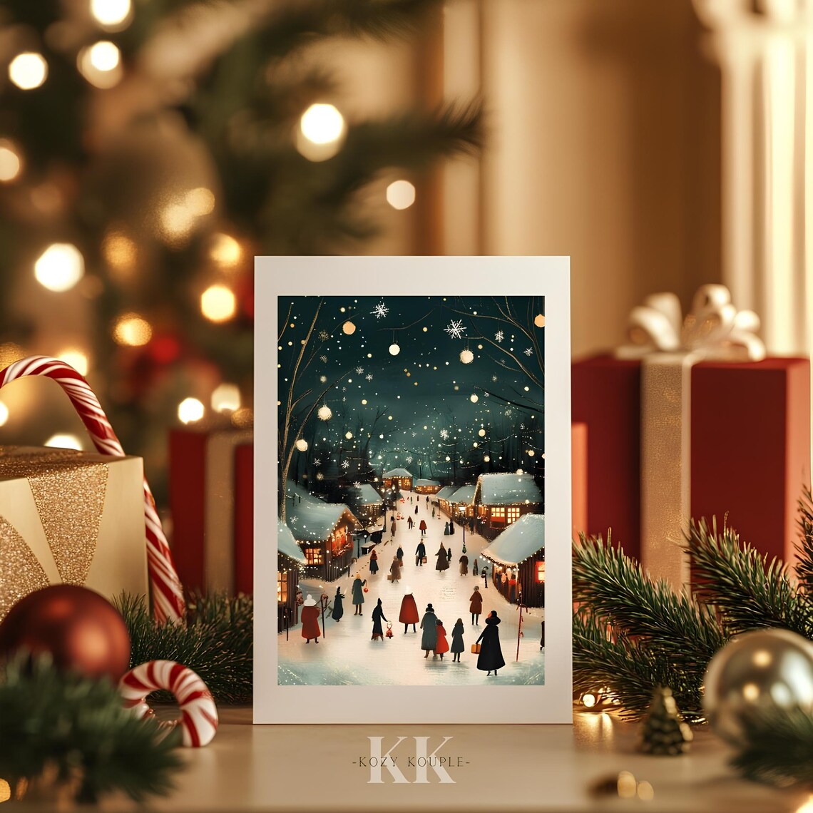 Vintage Christmas Market Night Snowy Street Lights Festive Wall Art - Image 3
