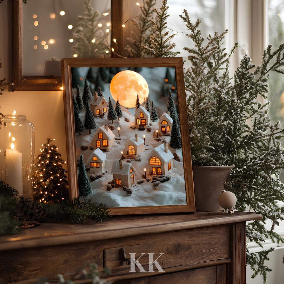 Dreamy Miniature Snowy Village Giant Full Moon Winter Night Poster - Image 4