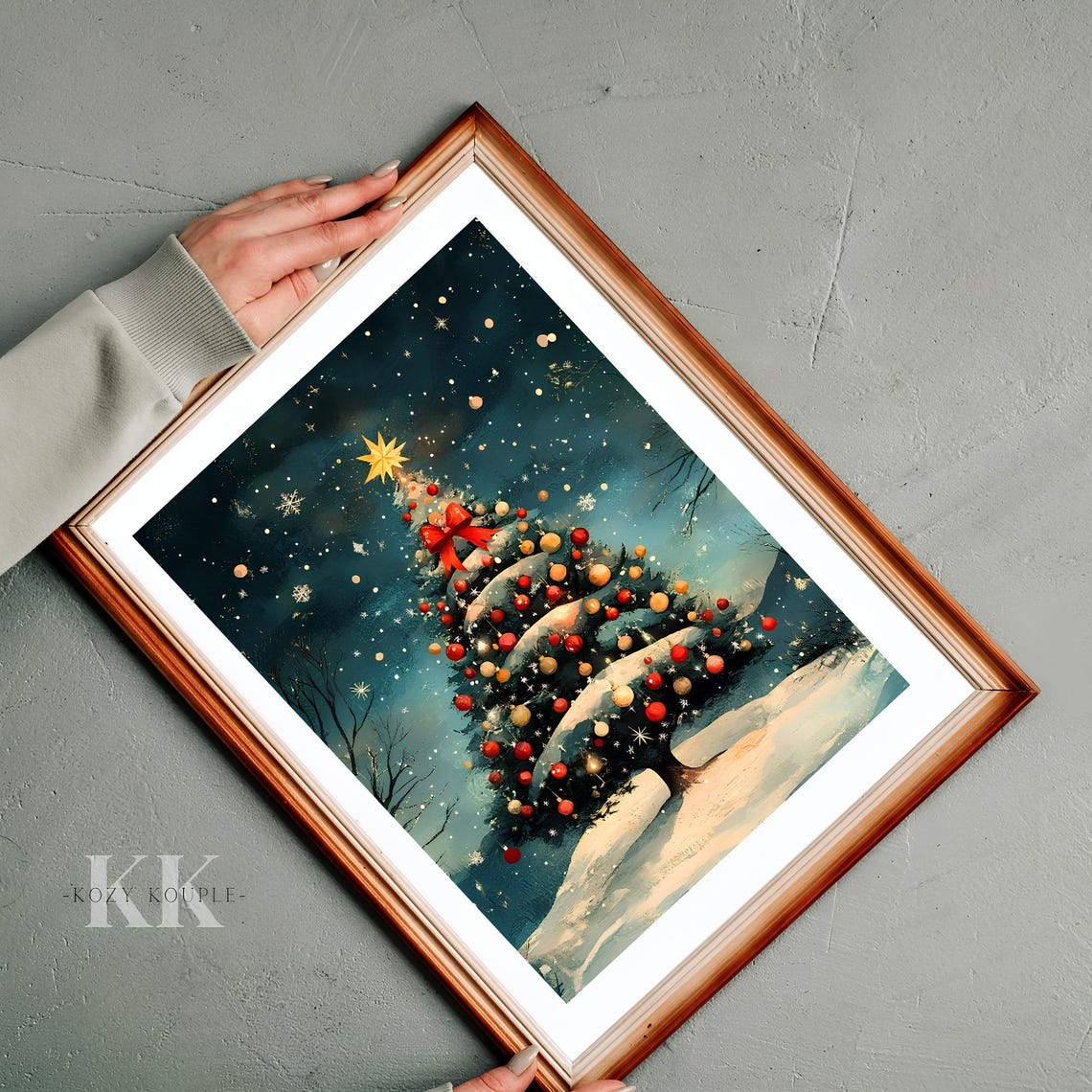 Snowy Christmas Tree With Red Ornaments Starry Night Wall Art - Image 3