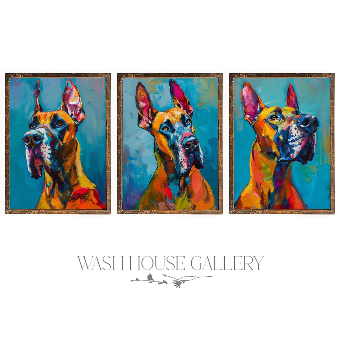 Three Colorful Great Dane Portraits Pop Art Blue Gallery Poster