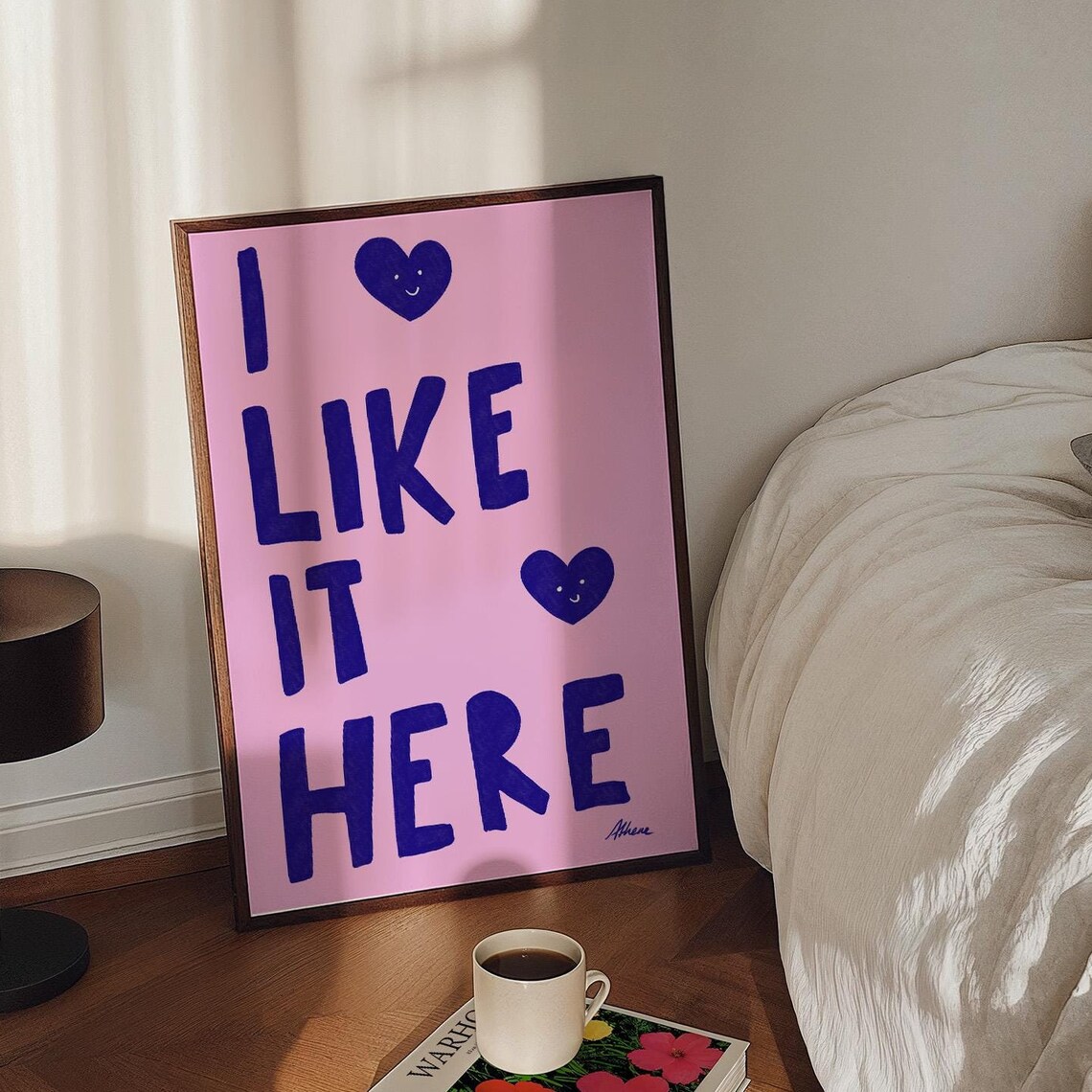 I Like It Here Pink Motivational Quote with Hearts Wall Poster