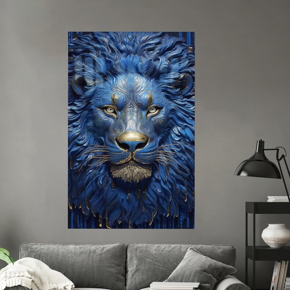 Gift For The Home Blue Lion Glass Decor Animal Framed Wall Art King Decoration Abstract Artglass