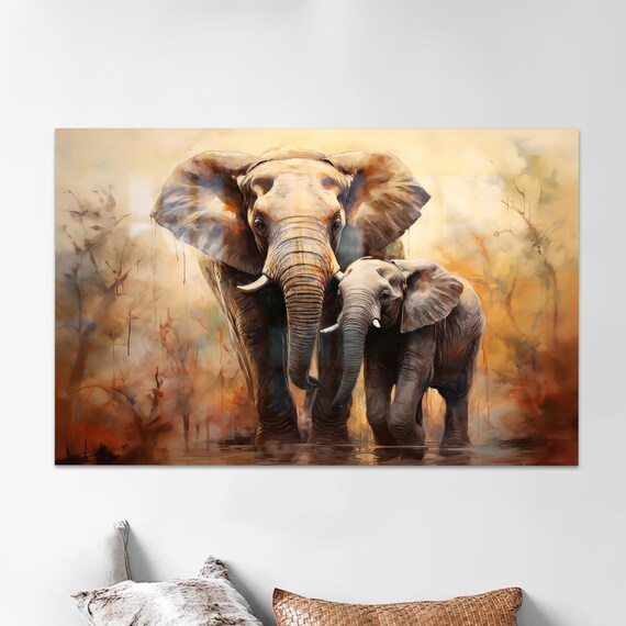 Mother Baby Elephant Watercolor Painting African Wildlife Art Poster