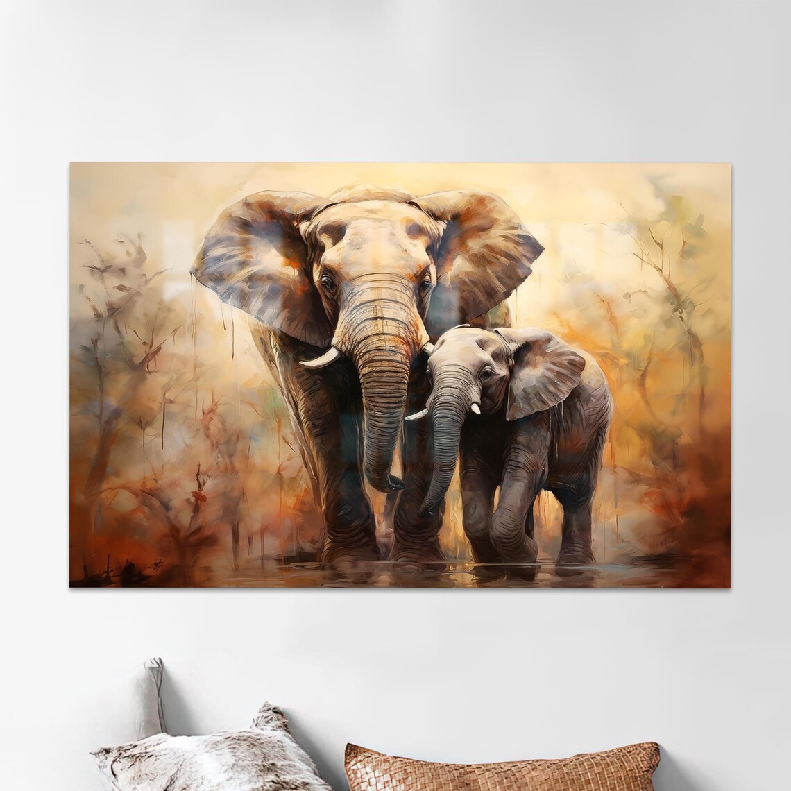 Mother Baby Elephant Watercolor Painting African Wildlife Art Poster
