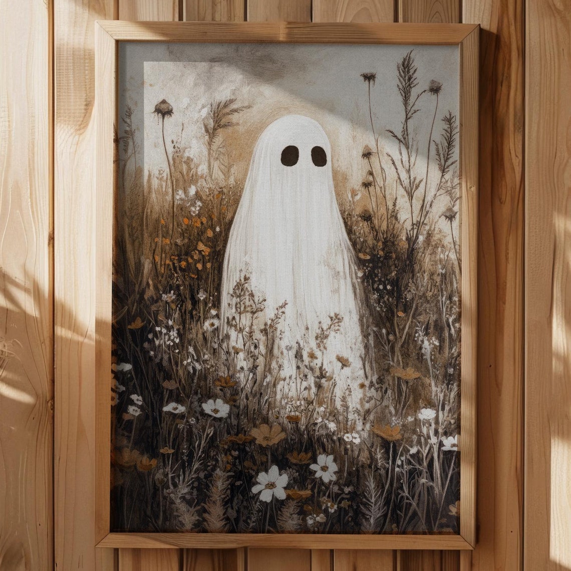 Cute Ghost in Wildflower Meadow Rustic Fall Halloween Poster