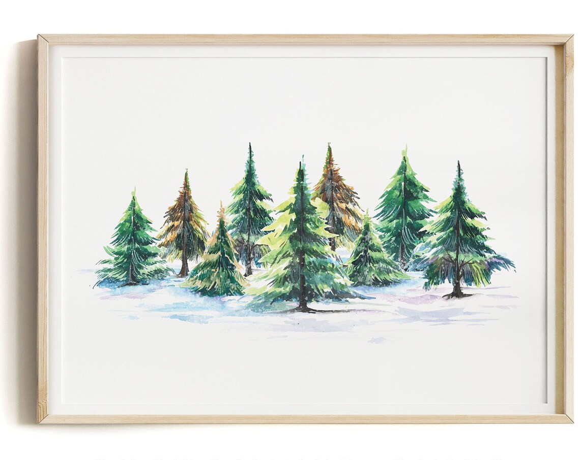 Watercolor Snowy Pine Trees Winter Forest Landscape Wall Art