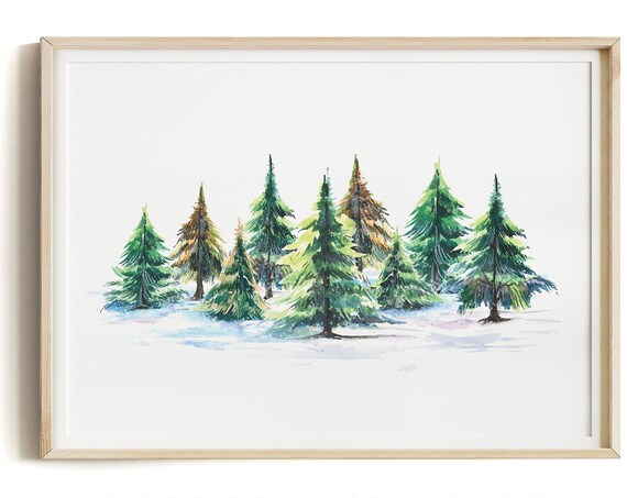 Watercolor Snowy Pine Trees Winter Forest Landscape Wall Art
