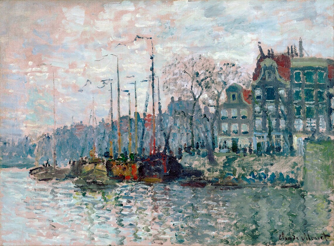 Claude Monet View of Amsterdam Canal Boats Waterfront Painting Poster - Image 2