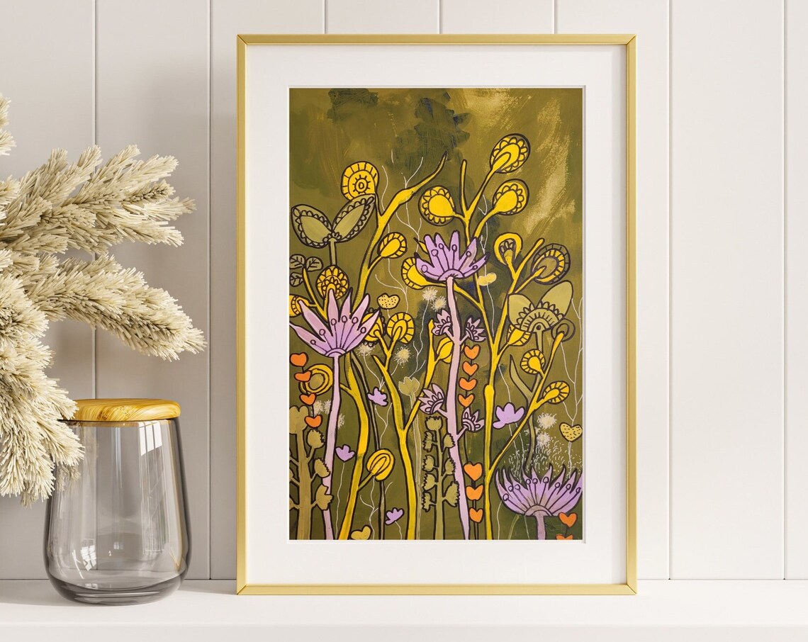 Whimsical Lavender And Gold Wildflower Meadow Floral Art Poster