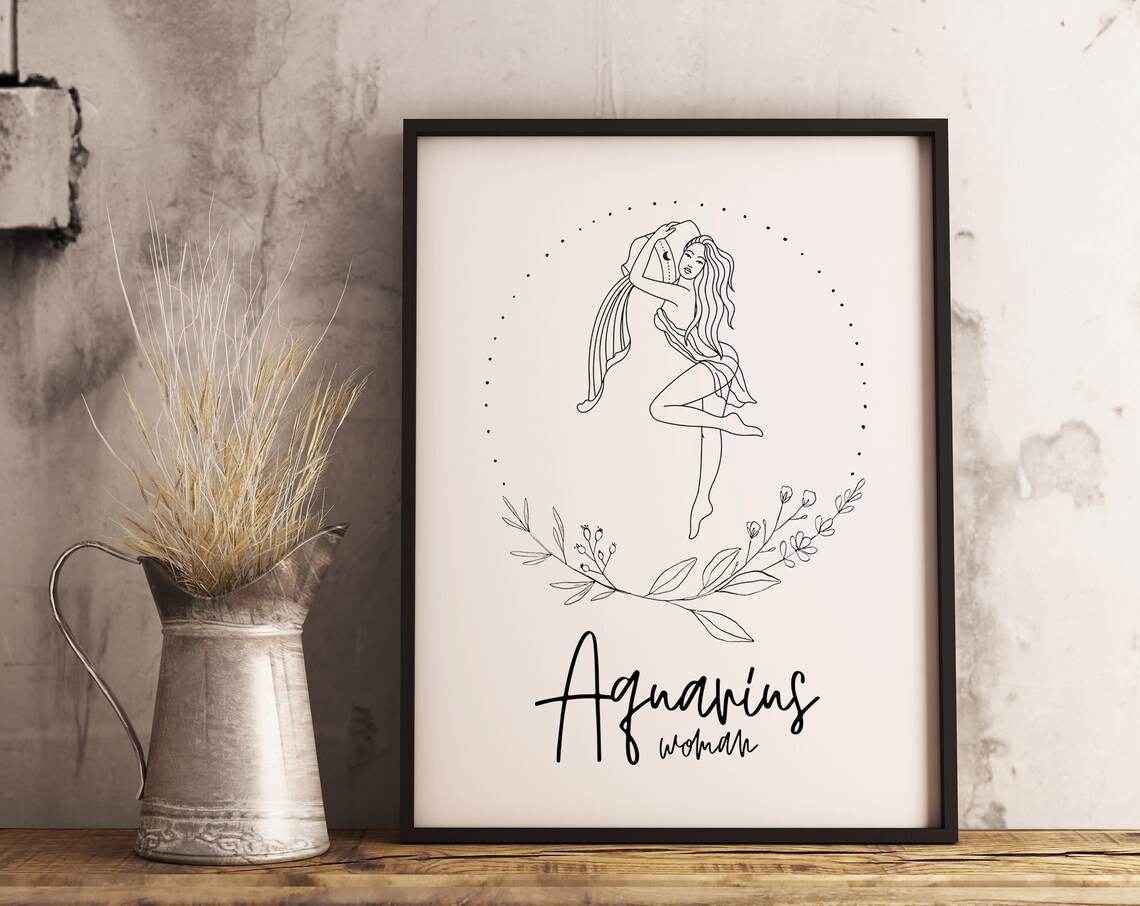 Aquarius Woman Zodiac Line Art Botanical Star Sign Birthday Print