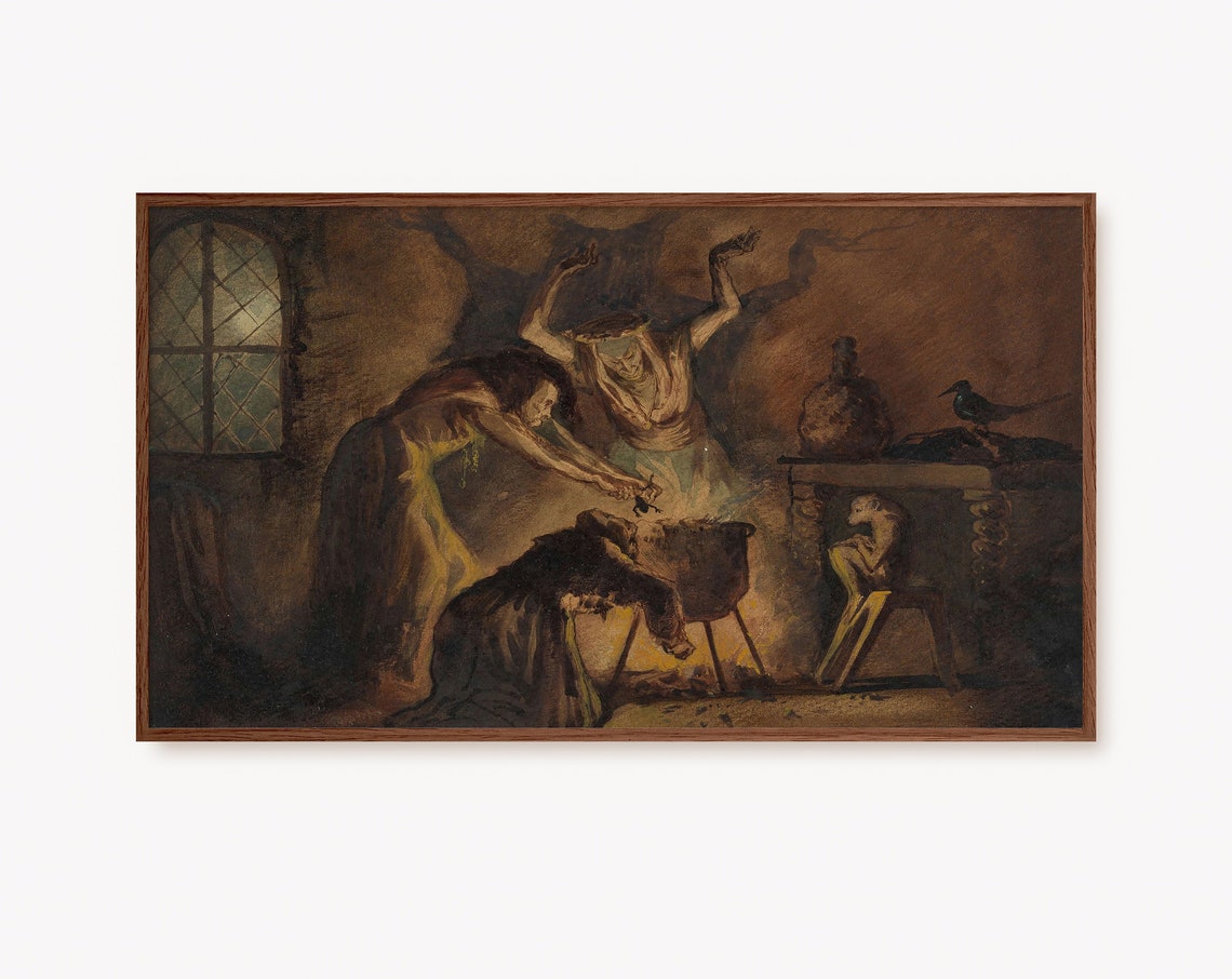 Three Witches Around Cauldron Vintage Dark Halloween Art Poster
