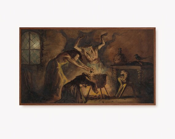 Three Witches Around Cauldron Vintage Dark Halloween Art Poster