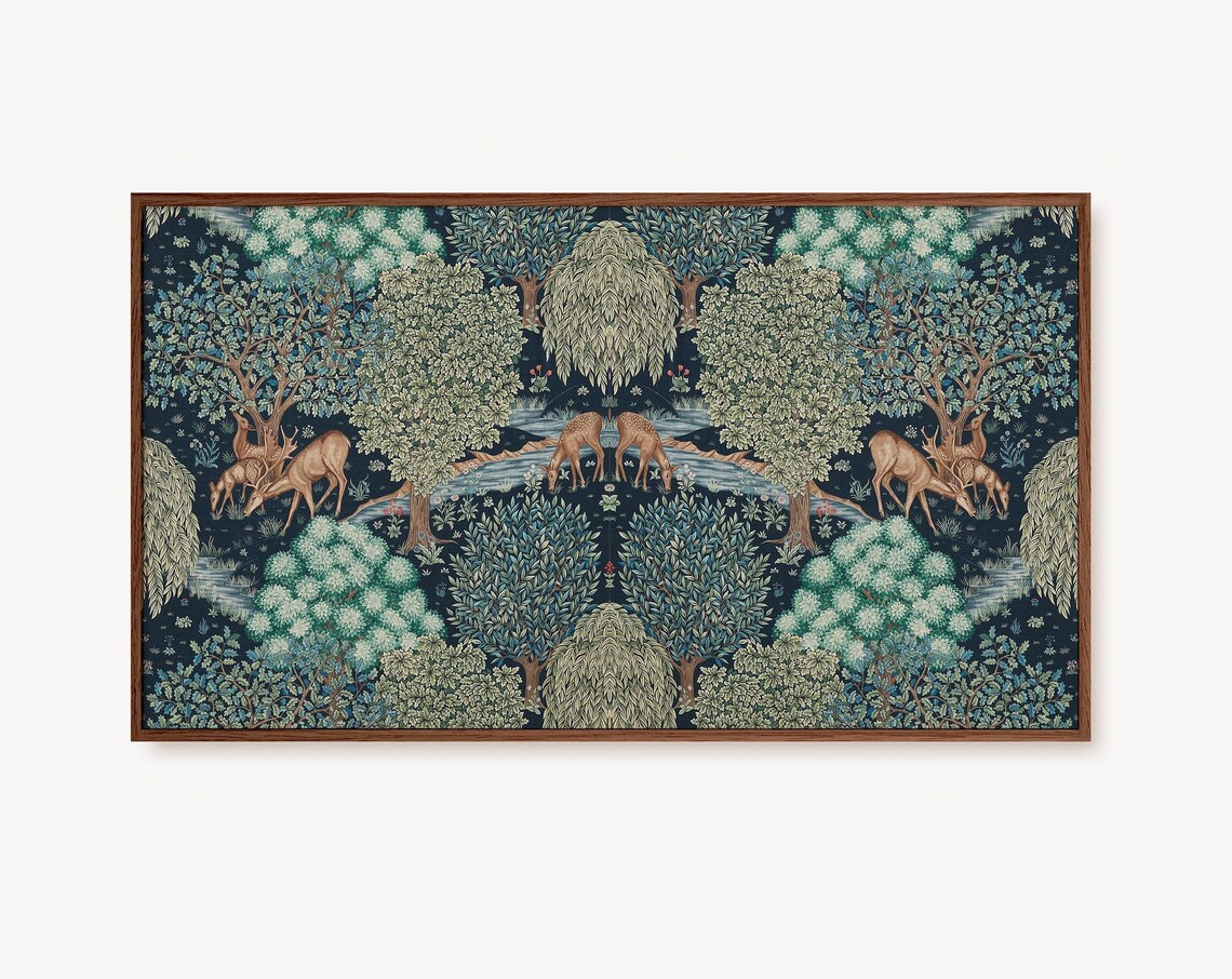 William Morris The Brook Navy Woodland Deer Tapestry Vintage Art Print