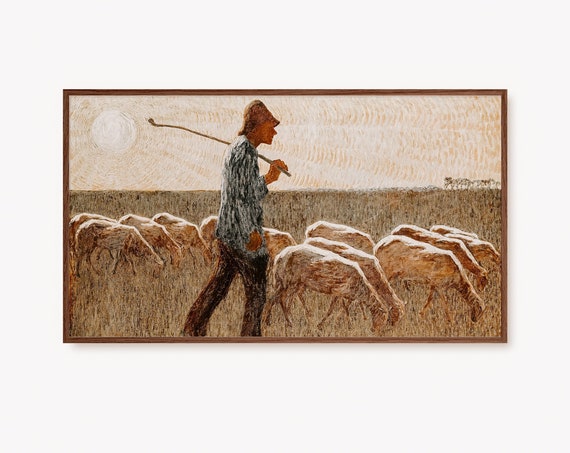 Frame Tv Art Vintage Rustic Painting Moody Farmhouse Decor Antique Painting Shepherd Sheep Art Cottagecore Landscape