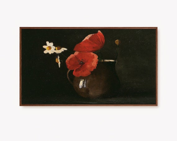Frame Tv Art Vintage Flower Painting Antique Oil Artwork Red Poppies Still Art Moody Dark Academia Decor