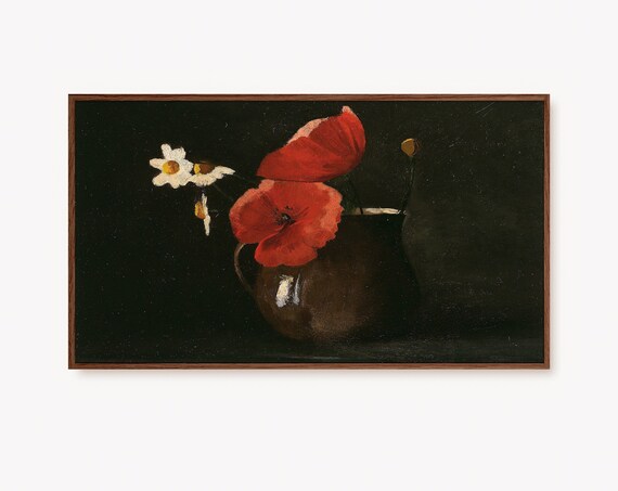 Red Poppies and Daisies Moody Vintage Floral Still Life Poster