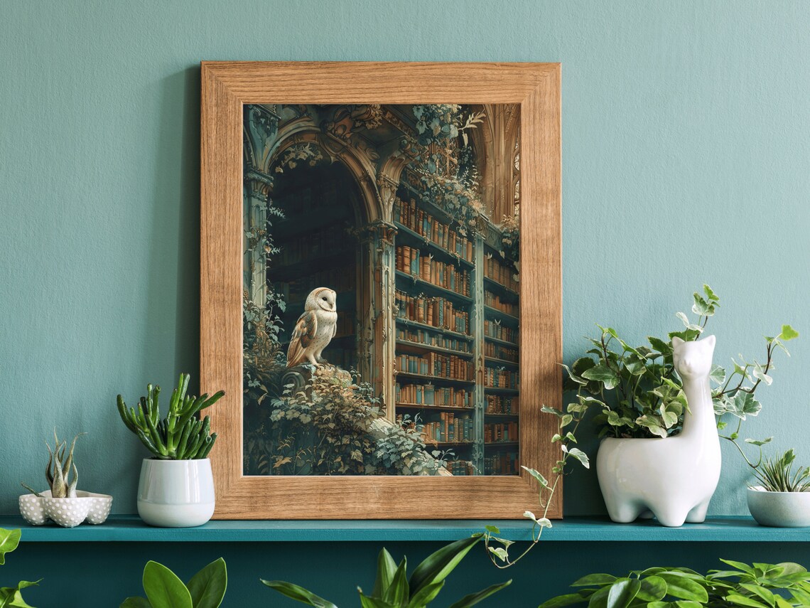 Barn Owl Gothic Stone Library Vines Old Books Bird Painting Wall Art - Image 2