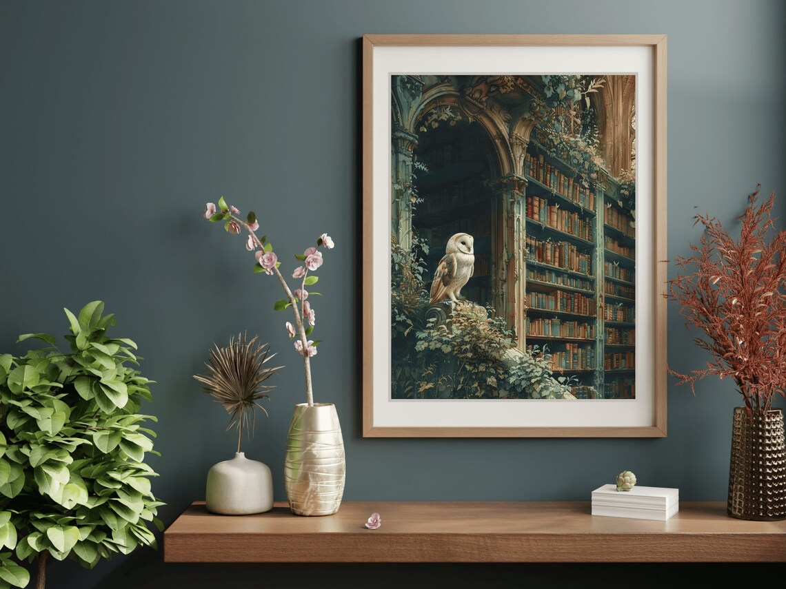 Barn Owl Gothic Stone Library Vines Old Books Bird Painting Wall Art - Image 4