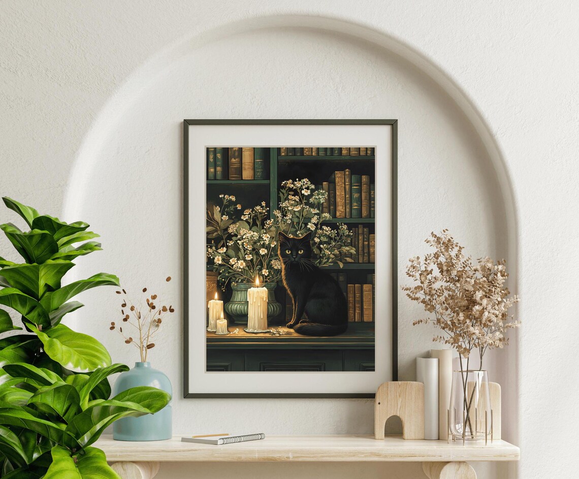 Black Cat In Candlelit Library Among Flowers And Antique Books Poster - Image 6
