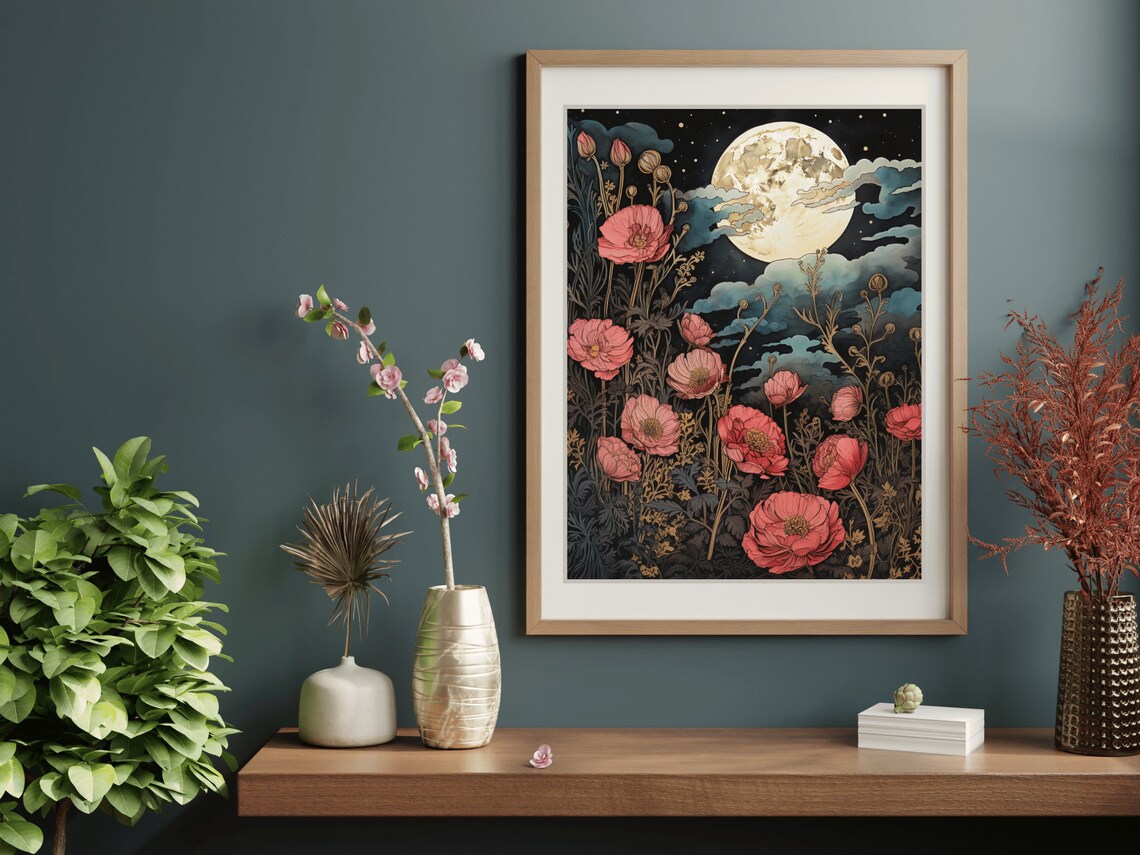 Pink Poppies Full Moon Night Sky Flowers Art Nouveau Painting Wall Art - Image 4