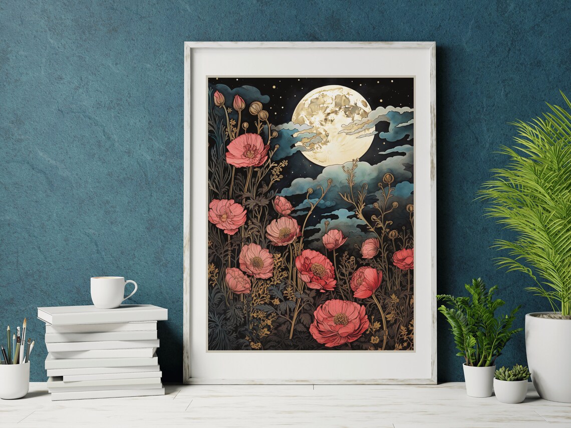 Pink Poppies Full Moon Night Sky Flowers Art Nouveau Painting Wall Art - Image 5