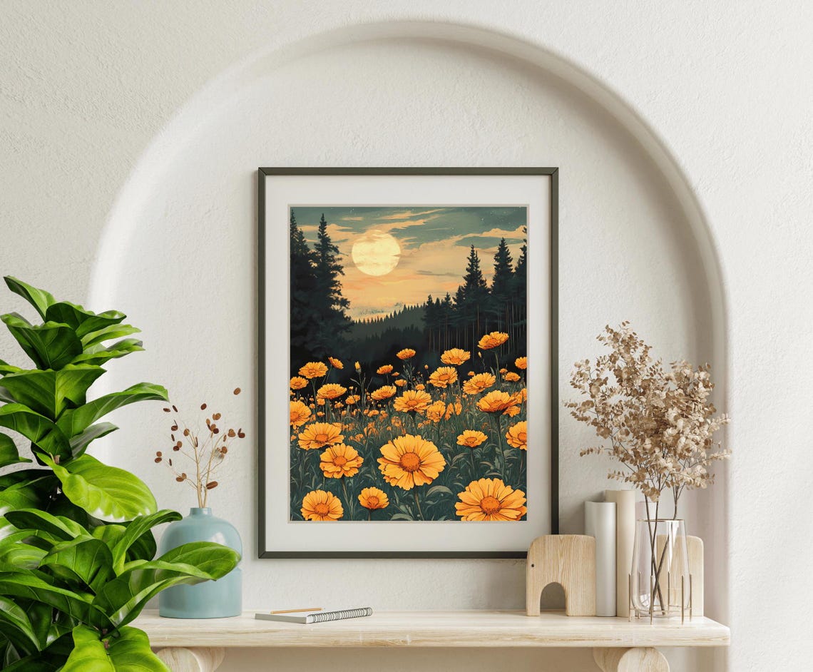 Marigold Meadow Wildflowers Under A Glowing Moon Forest Night Poster - Image 6