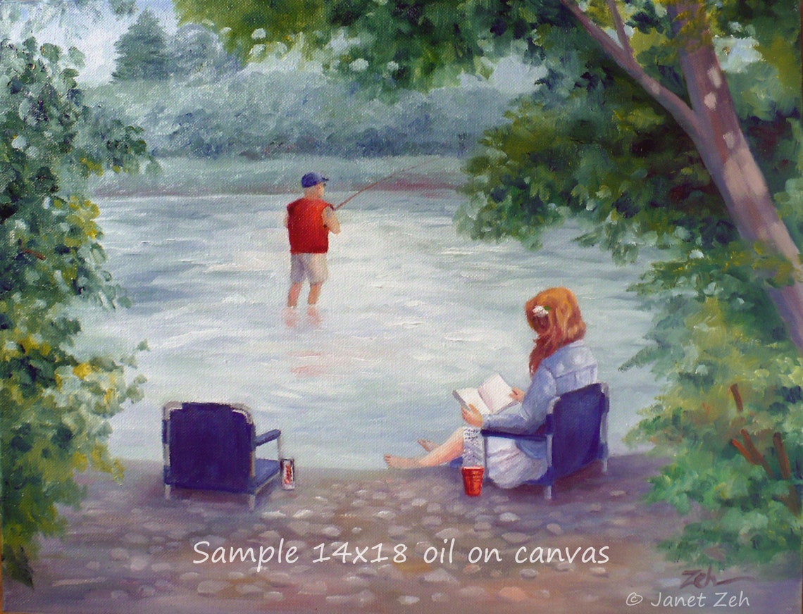 Custom Oil Or Watercolor Painting Of Your Favorite People In A Landscape Lake Or Beach Commission From Photos Unique Art Gift By Janet Zeh