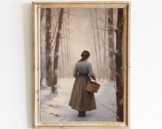 Rustic Christmas Wall Art Snowy Woman Forest Painting Still Life Decor Vintage Muted Neutral Moody Winter 175