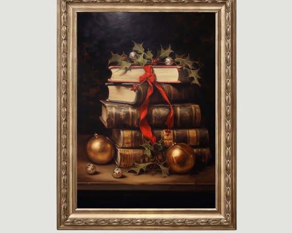 Rustic Christmas Wall Art Book Art Still Life Vintage Christmas Oil Painting Dark Academia Moody Decor 266