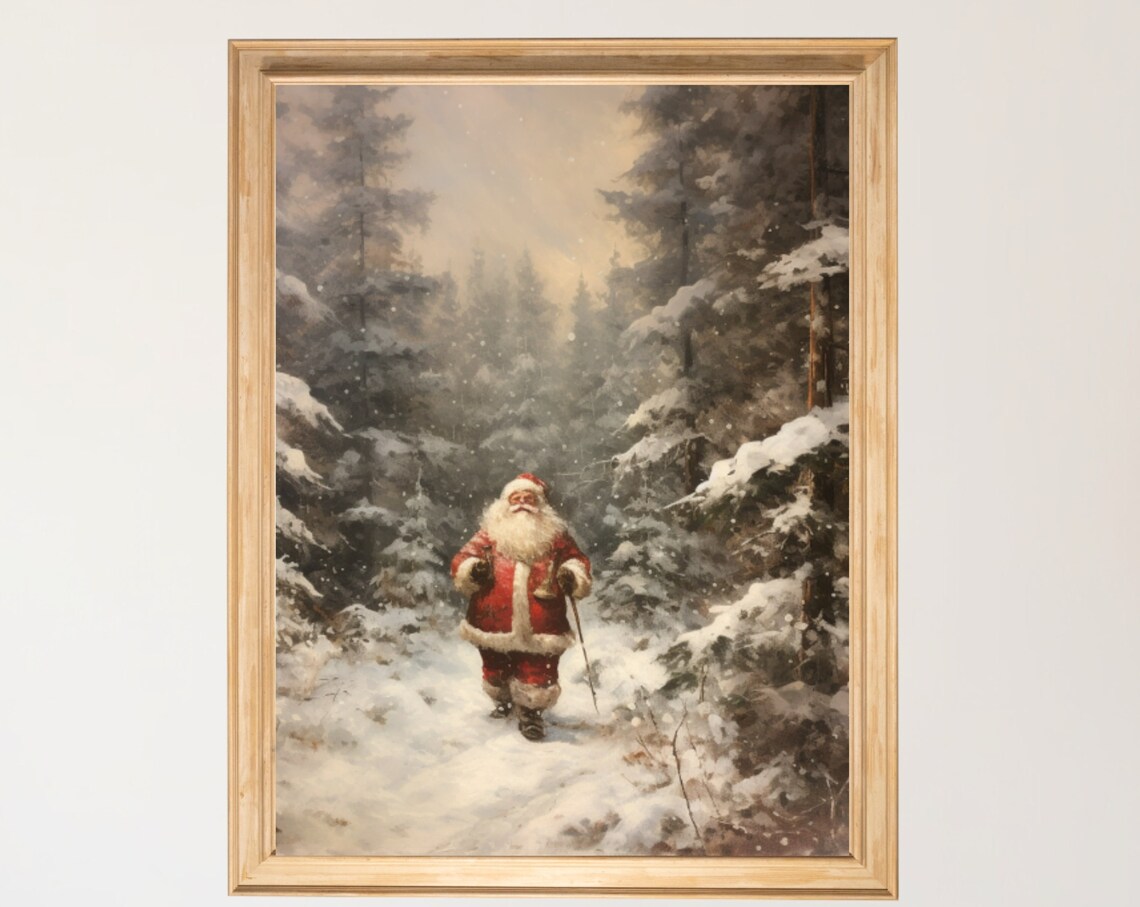 Santa Claus Snowy Forest Winter Walk Vintage Christmas Painting Poster